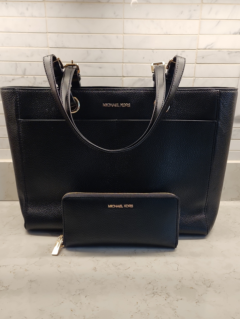 Michael Kors Black Pebbled Leather Tote and Zip Wallet Set